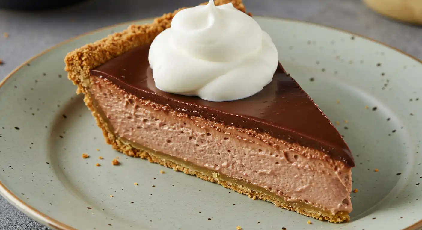 A full chocolate cream cheese pie on a rustic wooden table with ingredients nearby.