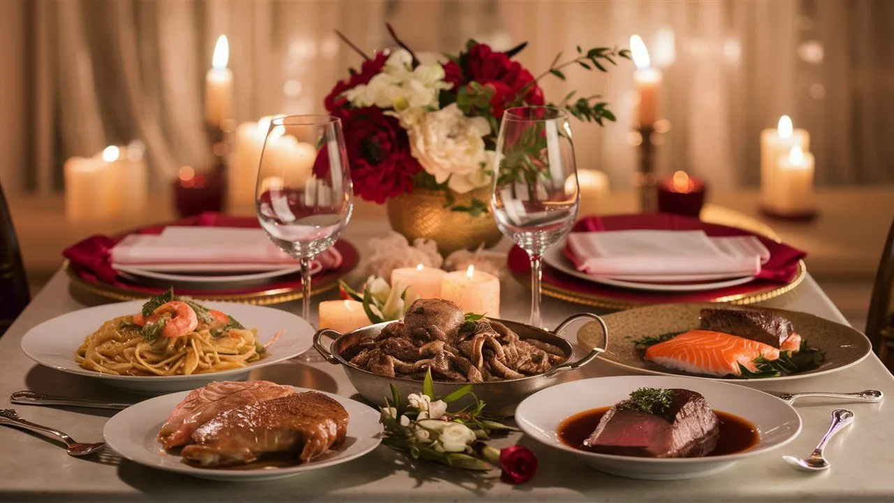 Romantic Dinner Recipes for Couples table set for two with pasta, chicken, beef, fish, glowing candles, fresh flowers, and sparkling water