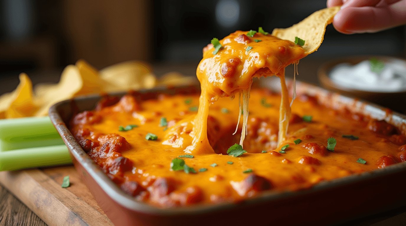 Close-up of bubbling Buffalo Chicken Dip in a baking dish, served with tortilla chips and celery sticks