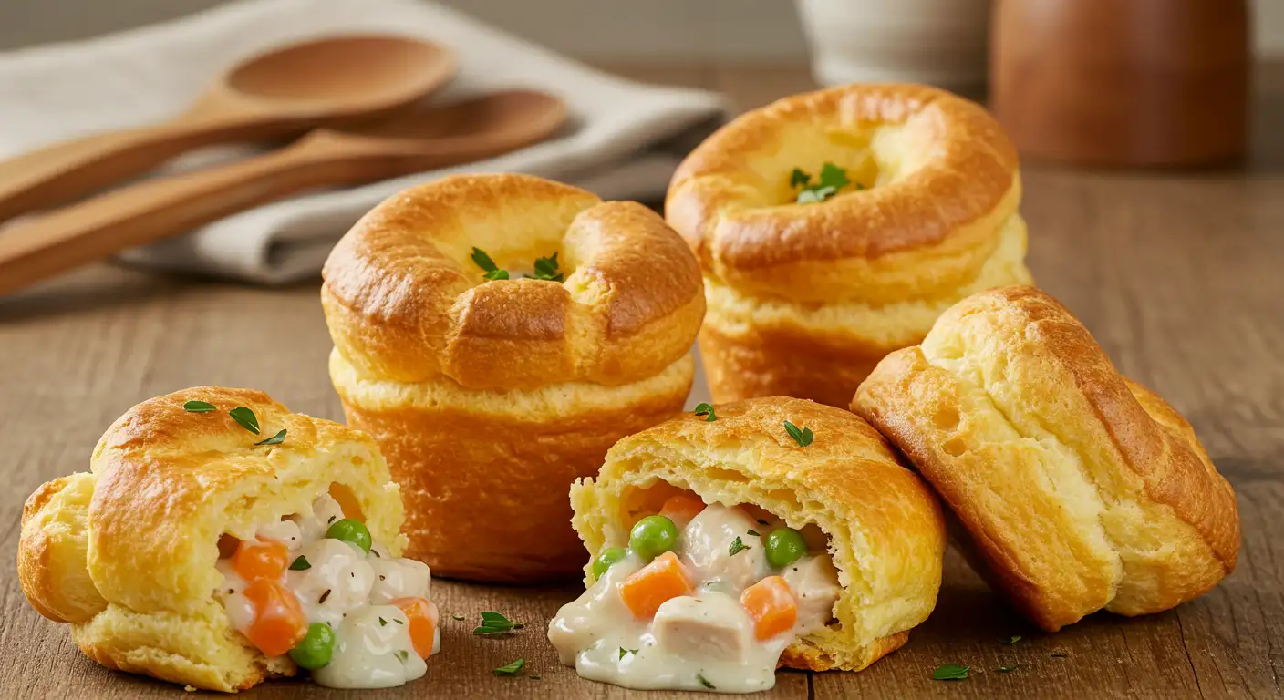 A warm, inviting plate of golden popovers filled with creamy chicken pot pie filling, garnished with fresh herbs.