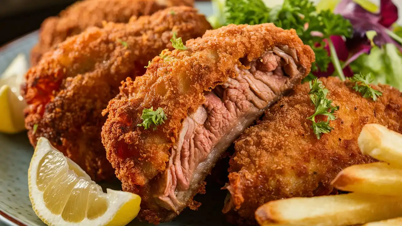 Golden Brown Beef Milanesa – Crispy, Tender, and Bursting with Flavor! Served with Fresh Salad, Fries, and Zesty Lemon Wedges