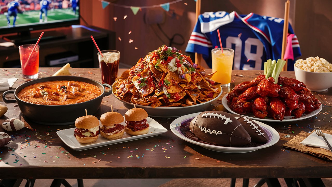 A festive game day table featuring Buffalo Chicken Dip, Loaded Nachos, Mini Sliders, Spicy Wings, and Chocolate Football Brownies