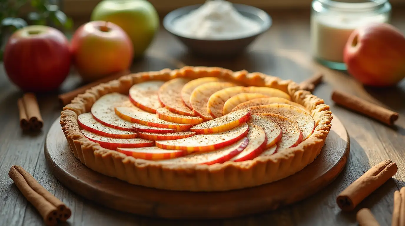 A full pie on a rustic wooden table, golden-brown crust with hints of cinnamon, and a slice cut out to reveal the apple filling.