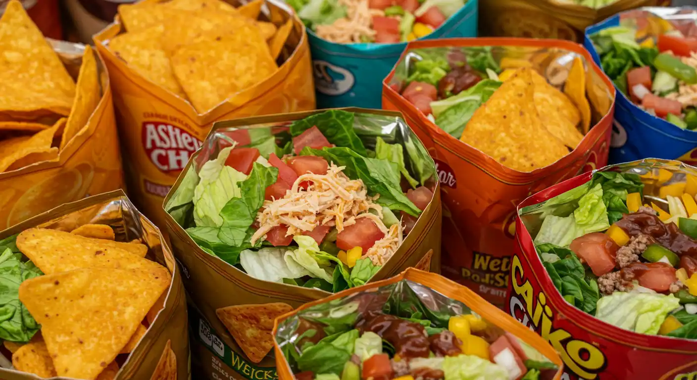 A colorful display of Walking Taco Chip Bags filled with seasoned taco meat, cheese, and fresh toppings