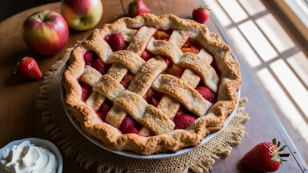 Cozy kitchen scene with a strawberry apple pie served with a cup of tea and fresh fruit on the counter.