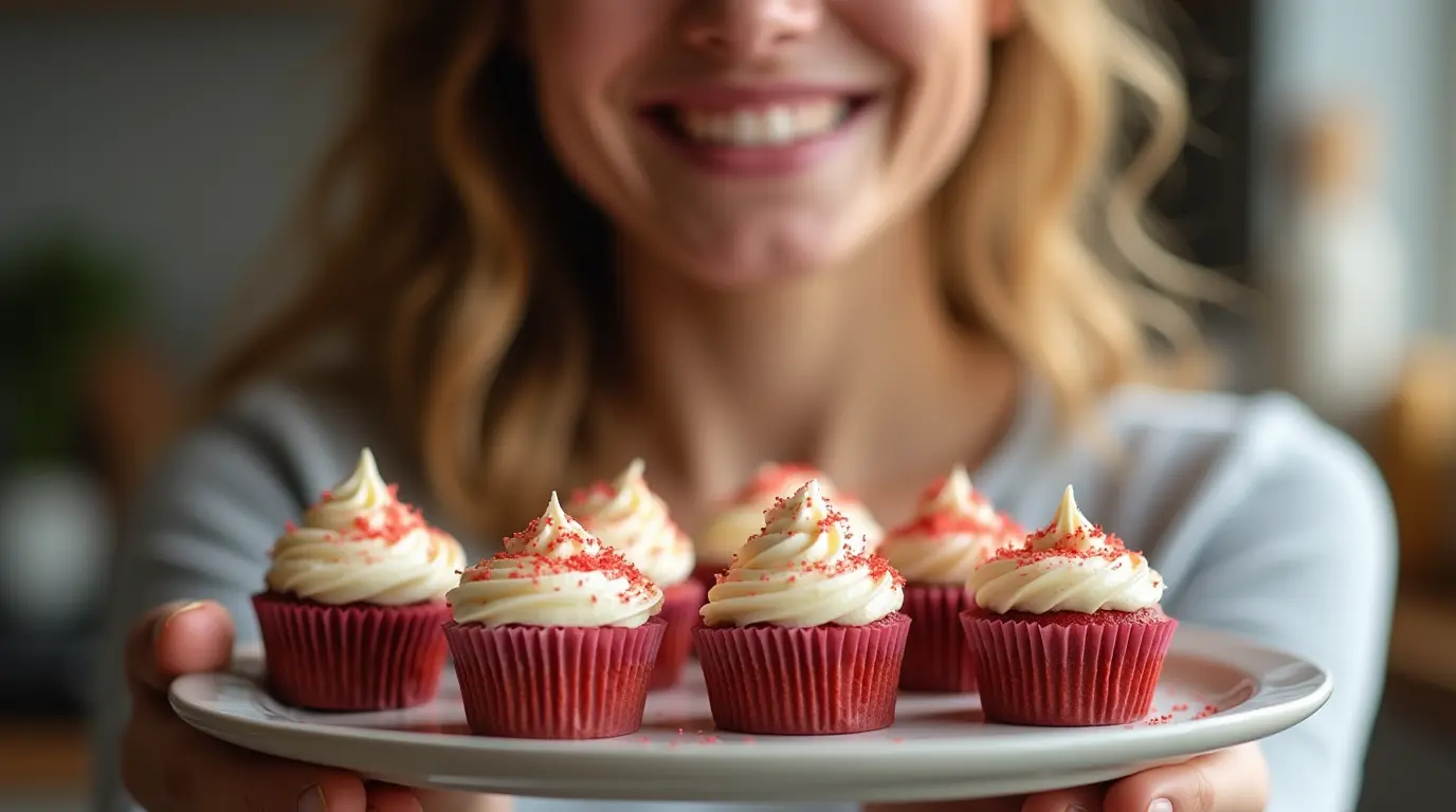 A person holding a plate of mini red velvet cupcakes topped with cream cheese frosting and red sprinkles, smiling in a cozy kitchen setting.