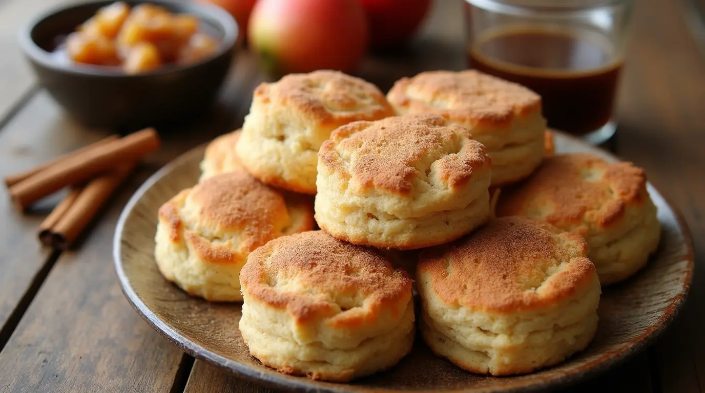 Freshly baked golden brown Apple Pie Biscuits on a rustic wooden table, topped with cinnamon sugar, accompanied by spiced apple filling and a cup of coffee.