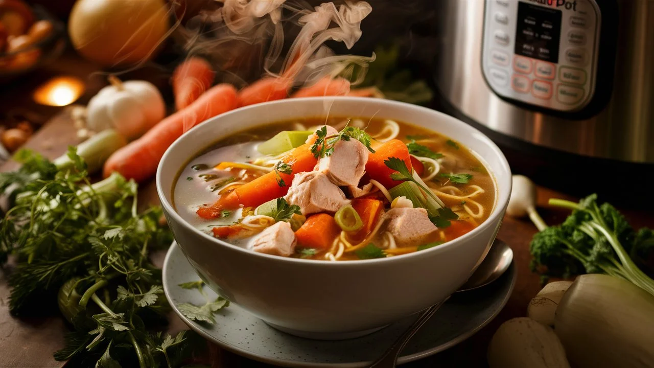 Steaming bowl of Instant Pot Chicken Noodle Soup surrounded by fresh vegetables, showcasing its health benefits