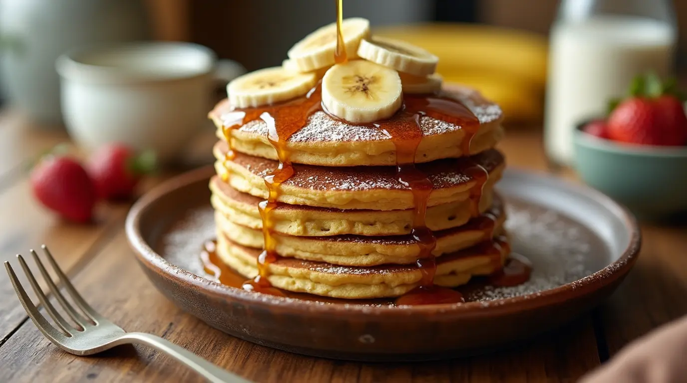 A stack of fluffy Vegan Banana Pancakes topped with fresh banana slices, maple syrup, and powdered sugar, served on a rustic wooden plate with fresh fruit and a cup of plant-based milk in a cozy kitchen setting