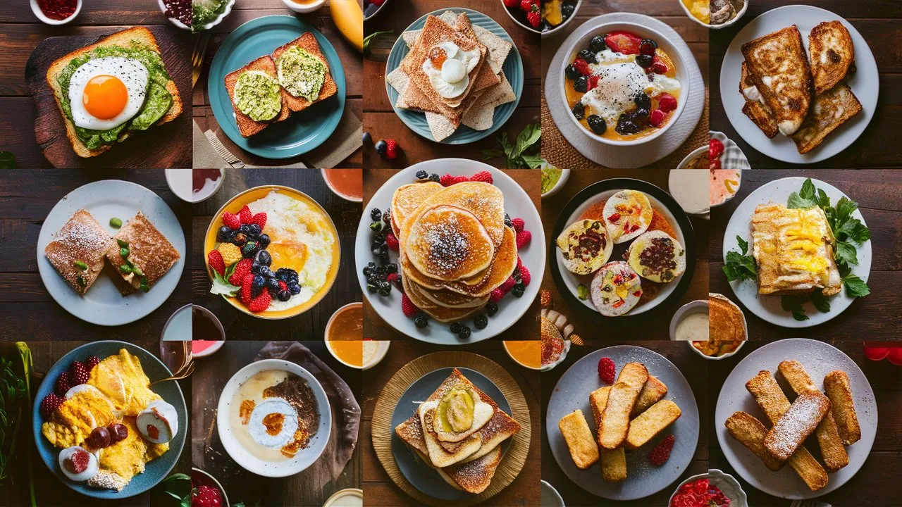 A beautifully arranged flat-lay of 21 easy and Quick Breakfast Ideas, including avocado toast, pancakes, smoothie bowls, and scrambled eggs on a rustic wooden table