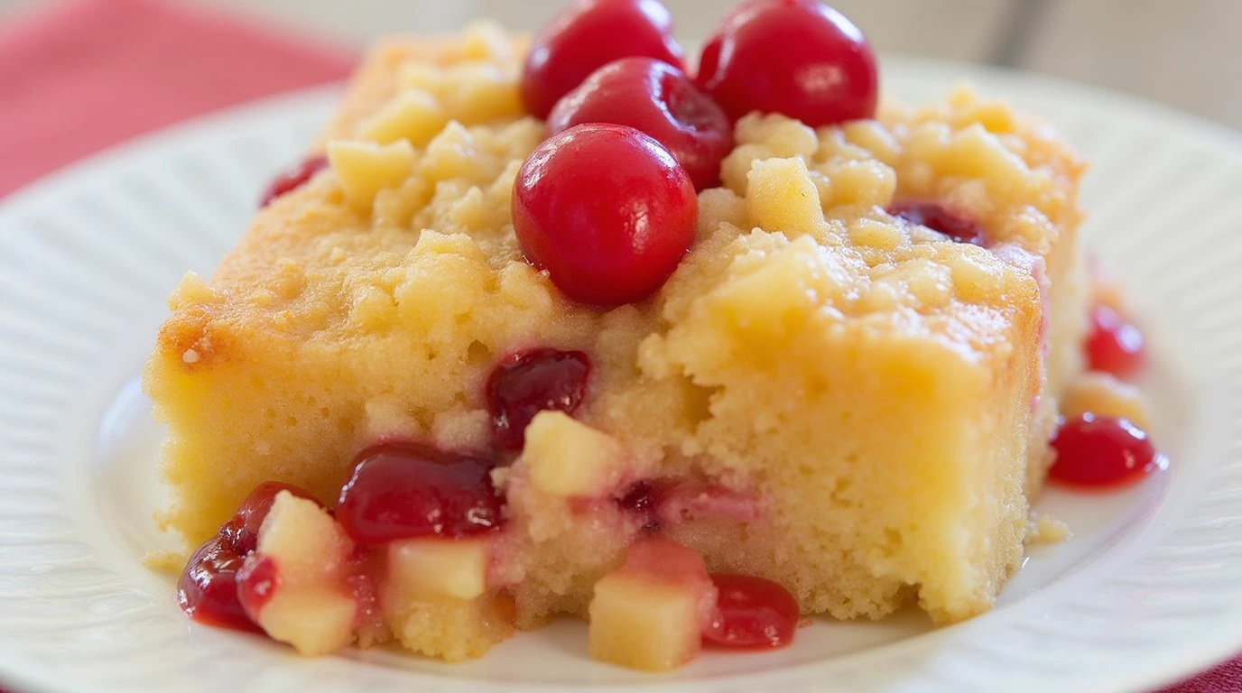 Featured image of a warm Cherry Pineapple Dump Cake with a golden crust and bubbling fruit filling