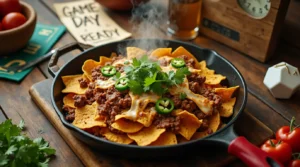 Loaded beef nachos topped with cheese, sour cream, and fresh toppings