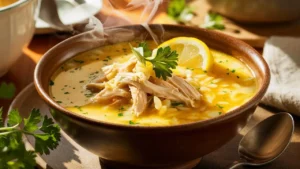 A bowl of Greek Lemon Chicken Soup (Avgolemono) with shredded chicken, orzo, and a creamy egg-lemon broth, garnished with parsley and a lemon wedge.