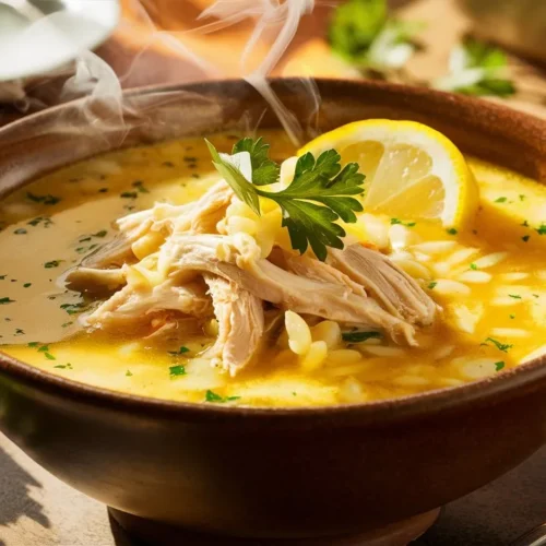 A bowl of Greek Lemon Chicken Soup (Avgolemono) with shredded chicken, orzo, and a creamy egg-lemon broth, garnished with parsley and a lemon wedge.