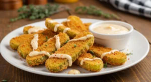 Crispy golden fried pickle fries served on a plate with ranch and spicy mustard dips, perfect for snacking