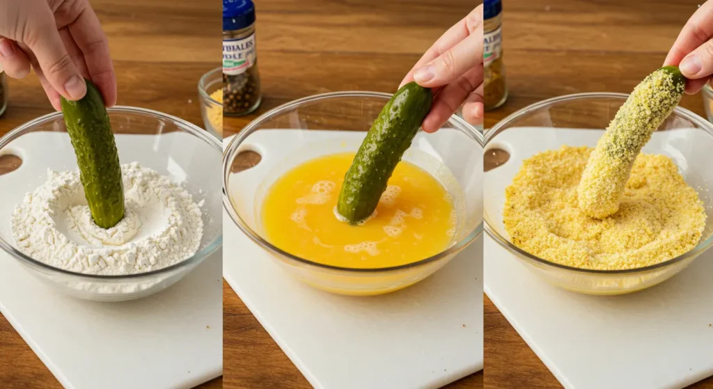 Close-up of hands breading dill pickle spears in flour, eggs, and cornmeal, step-by-step process for crispy fries