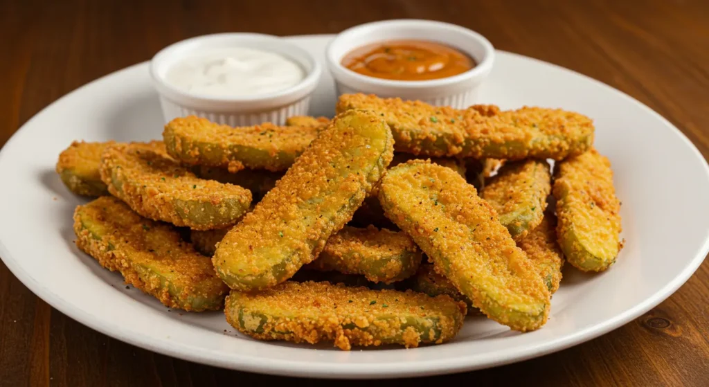 Platter of golden fried pickles paired with creamy ranch and tangy BBQ sauce, ideal serving suggestions