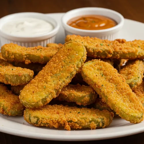 Platter of golden fried pickles paired with creamy ranch and tangy BBQ sauce, ideal serving suggestions