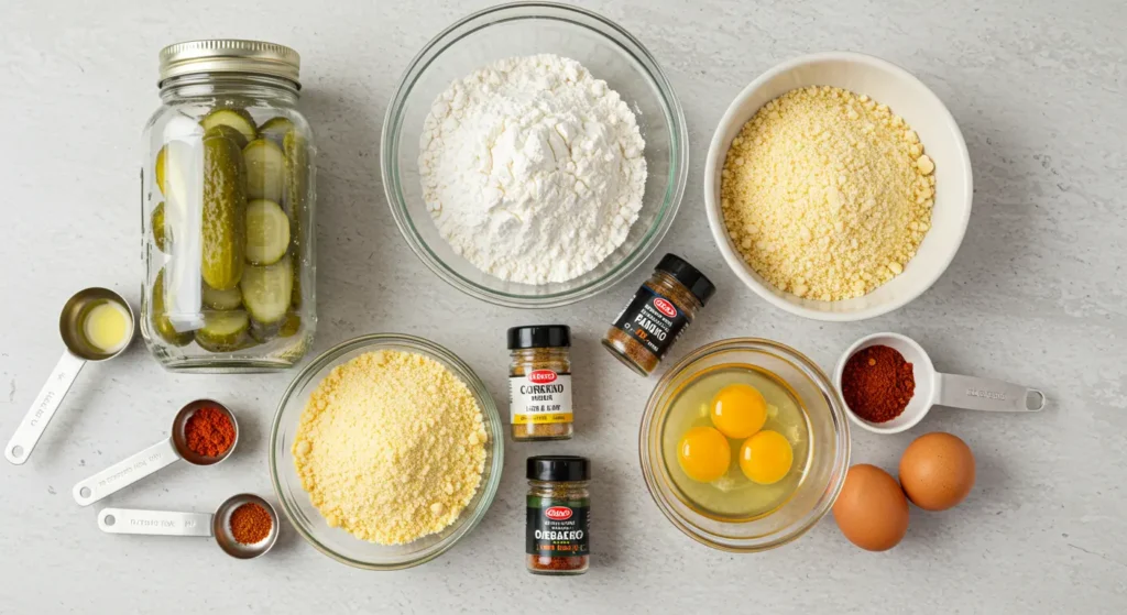 Assorted ingredients for fried pickles including dill spears, flour, cornmeal, spices, and eggs on a kitchen counter.