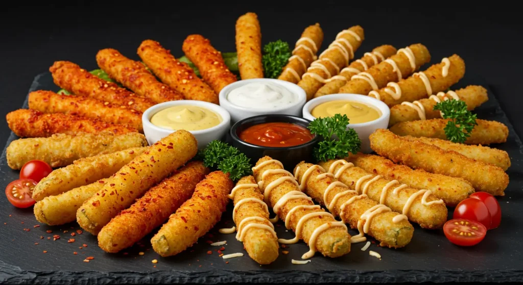 Colorful platter featuring spicy, cheesy, and classic versions of homemade fried pickle fries with dip options.